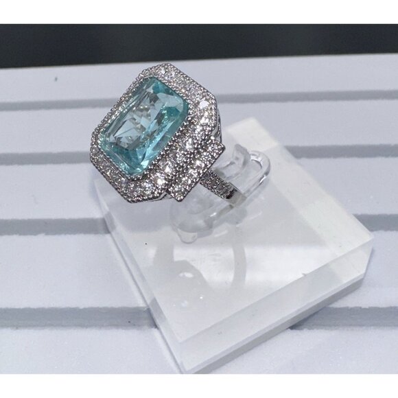 Aquamarine Cubic Zirconia White Crystal Ring Size 7 - Picture 5 of 16